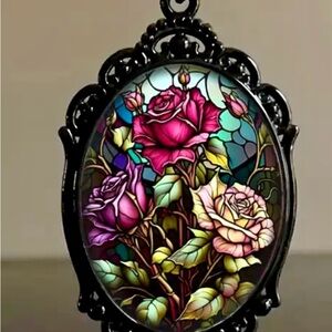 Boho Chic Purple Floral Glass Pendant Necklace with Black Frame Elegant Gothic